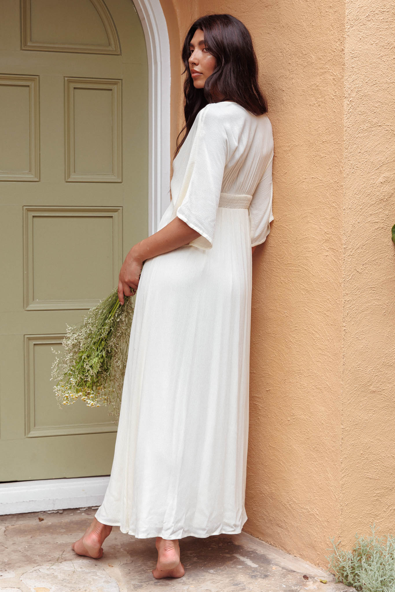 Paradise Found V-Neck Button Maxi Dress Natural - Image 3