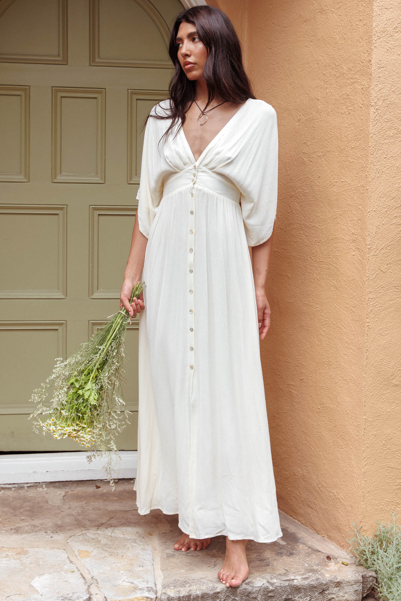Paradise Found V-Neck Button Maxi Dress Natural - Image 4