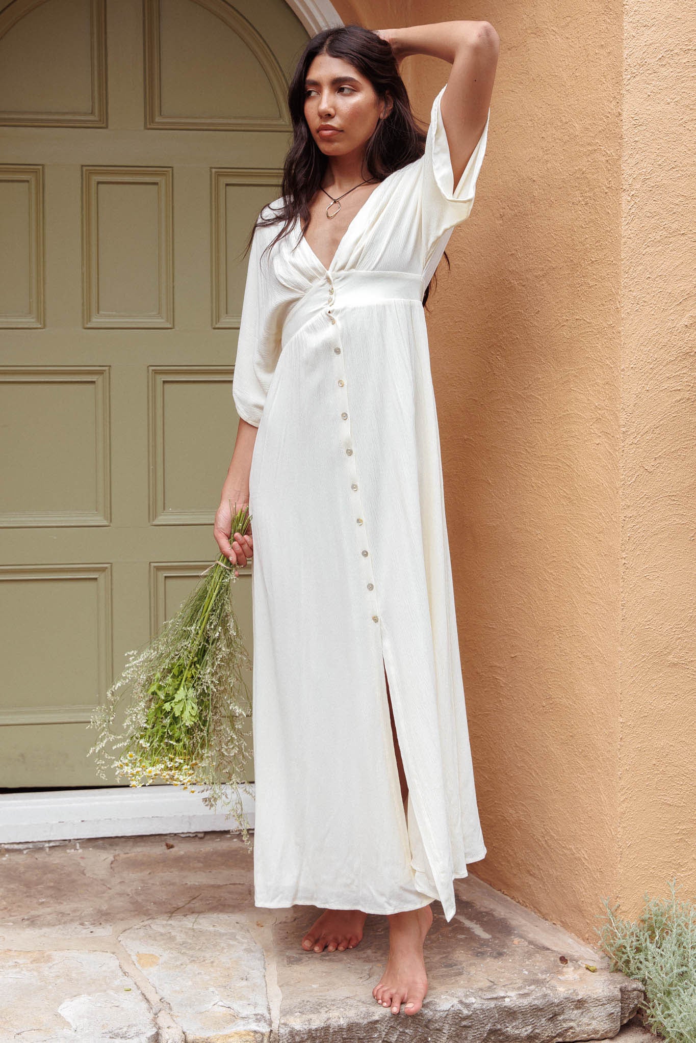 Paradise Found V-Neck Button Maxi Dress Natural - Image 6
