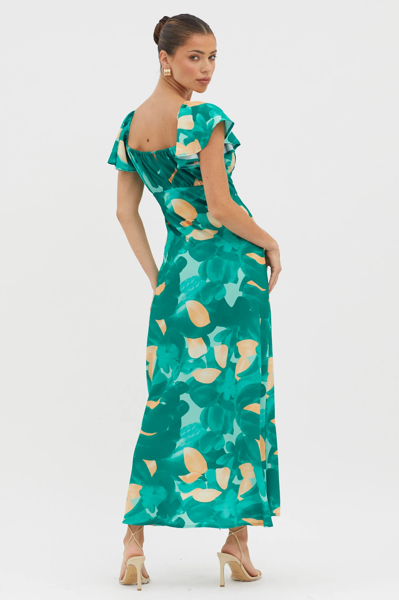 Park Avenue Flutter Sleeve Midi Dress Abstract Green - Image 2