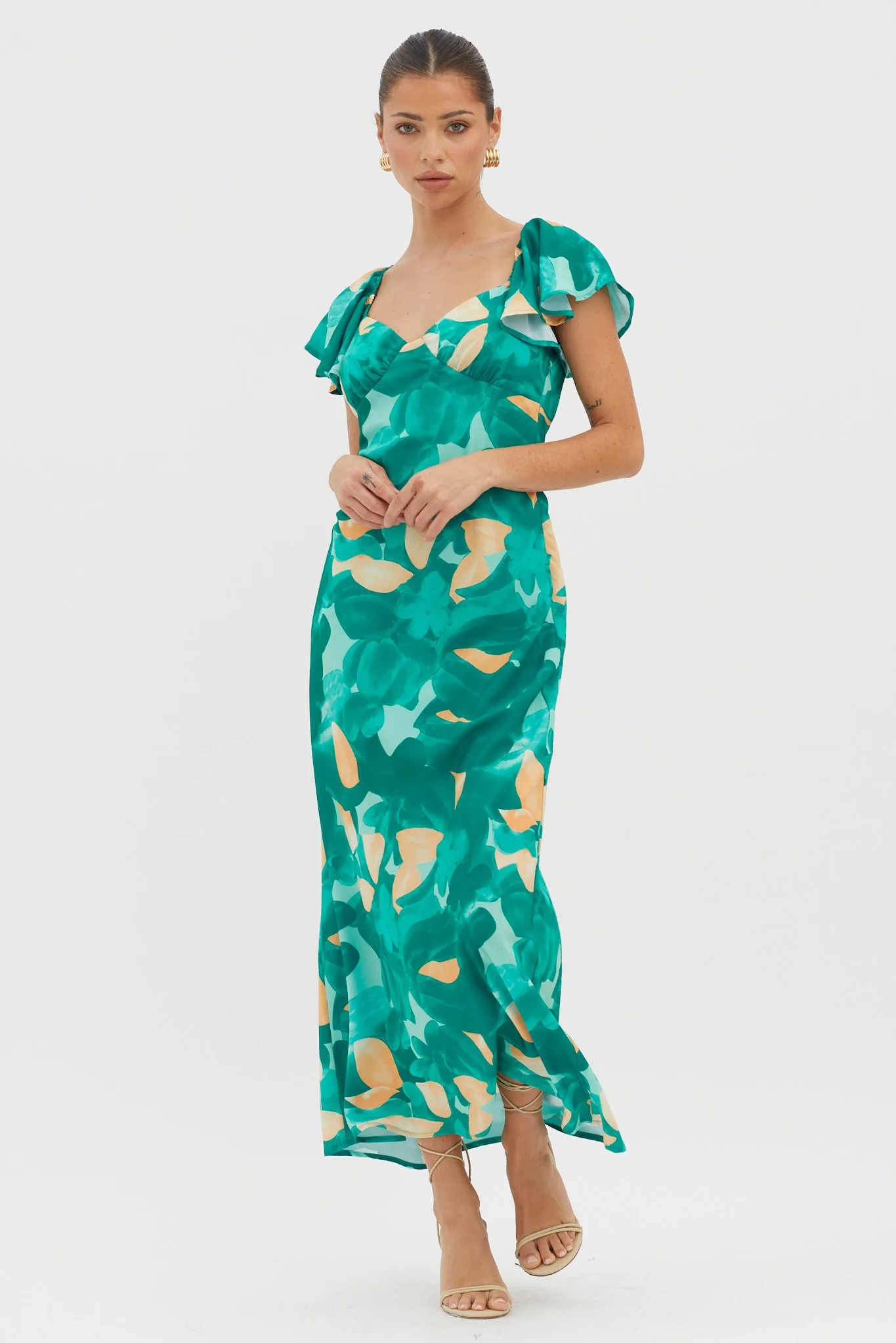 Park Avenue Flutter Sleeve Midi Dress Abstract Green - Image 3