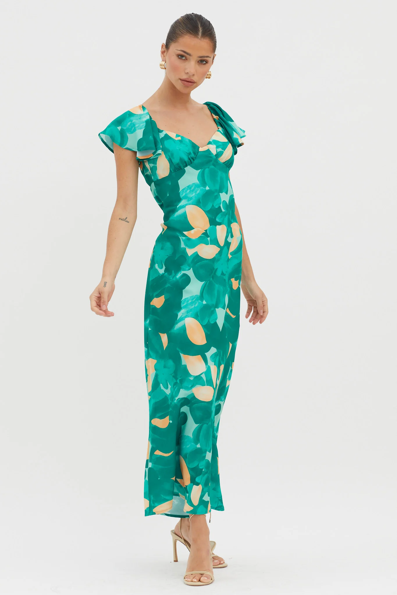 Park Avenue Flutter Sleeve Midi Dress Abstract Green - Image 5
