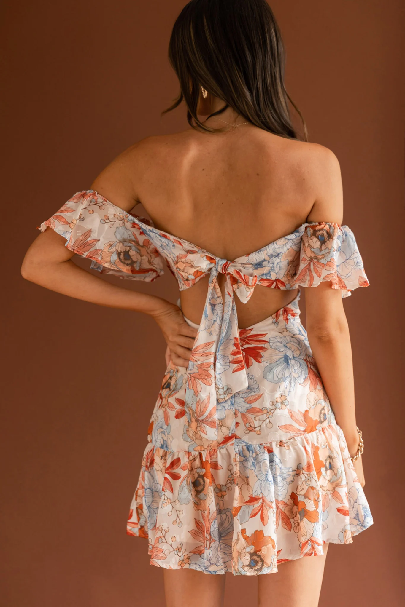 Park Avenue Flutter Sleeve Mini Dress Floral Peach - Image 2