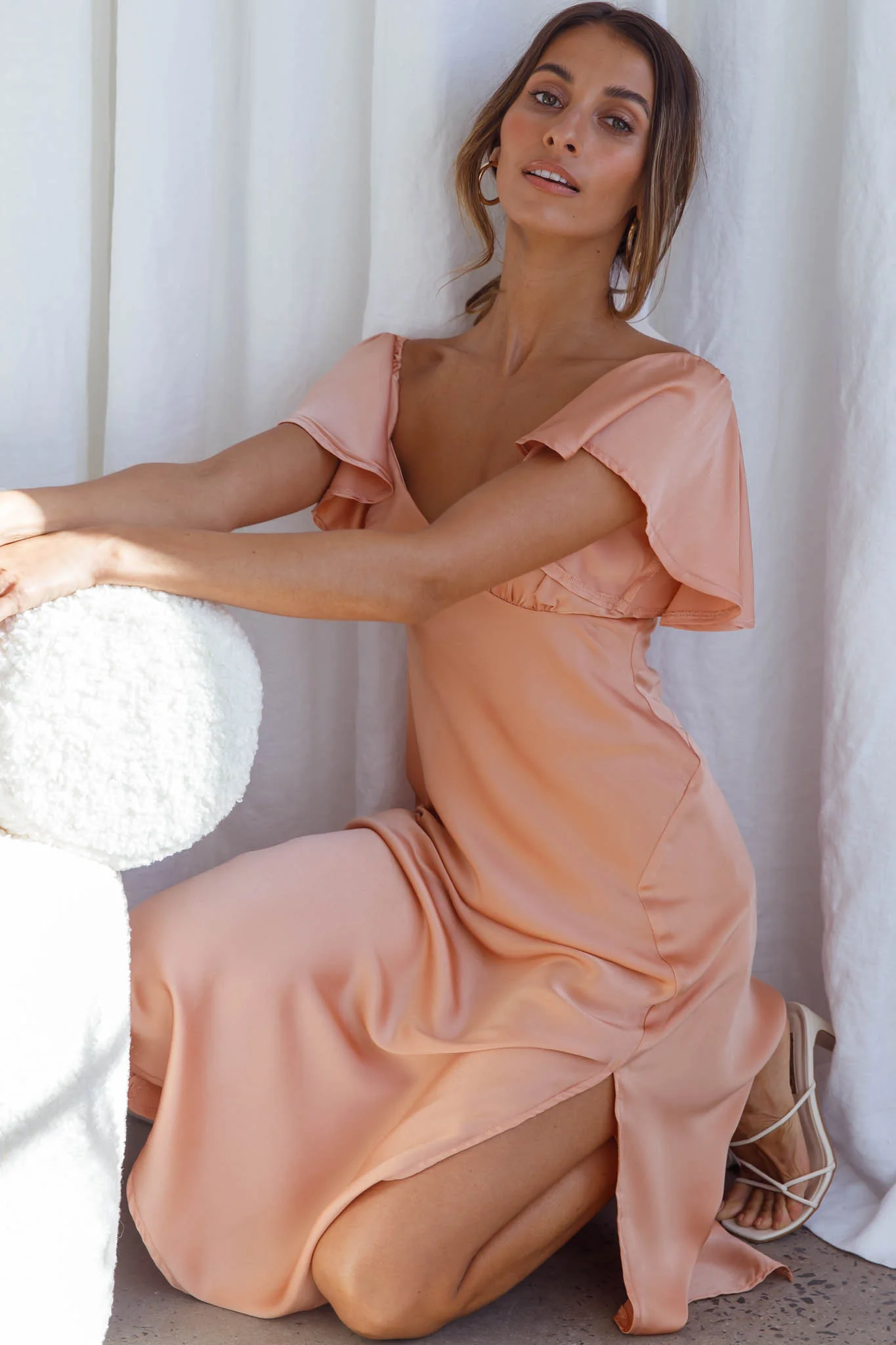 Park Avenue Flutter Sleeve Side Split Midi Dress Apricot - Image 5