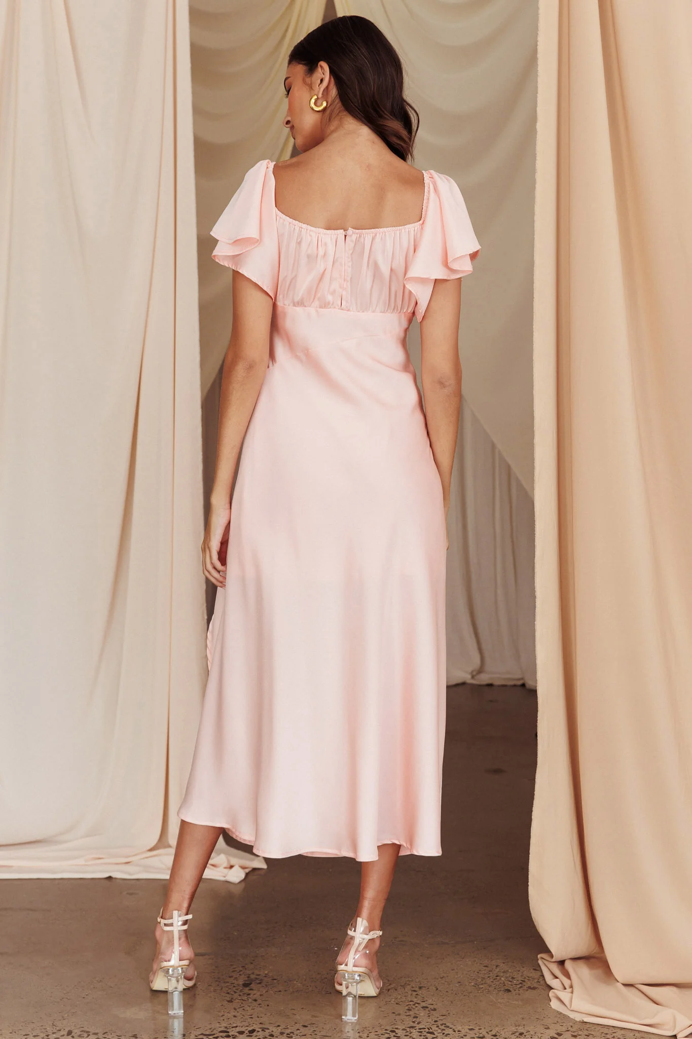 Park Avenue Flutter Sleeve Side Split Midi Dress Blush - Image 2