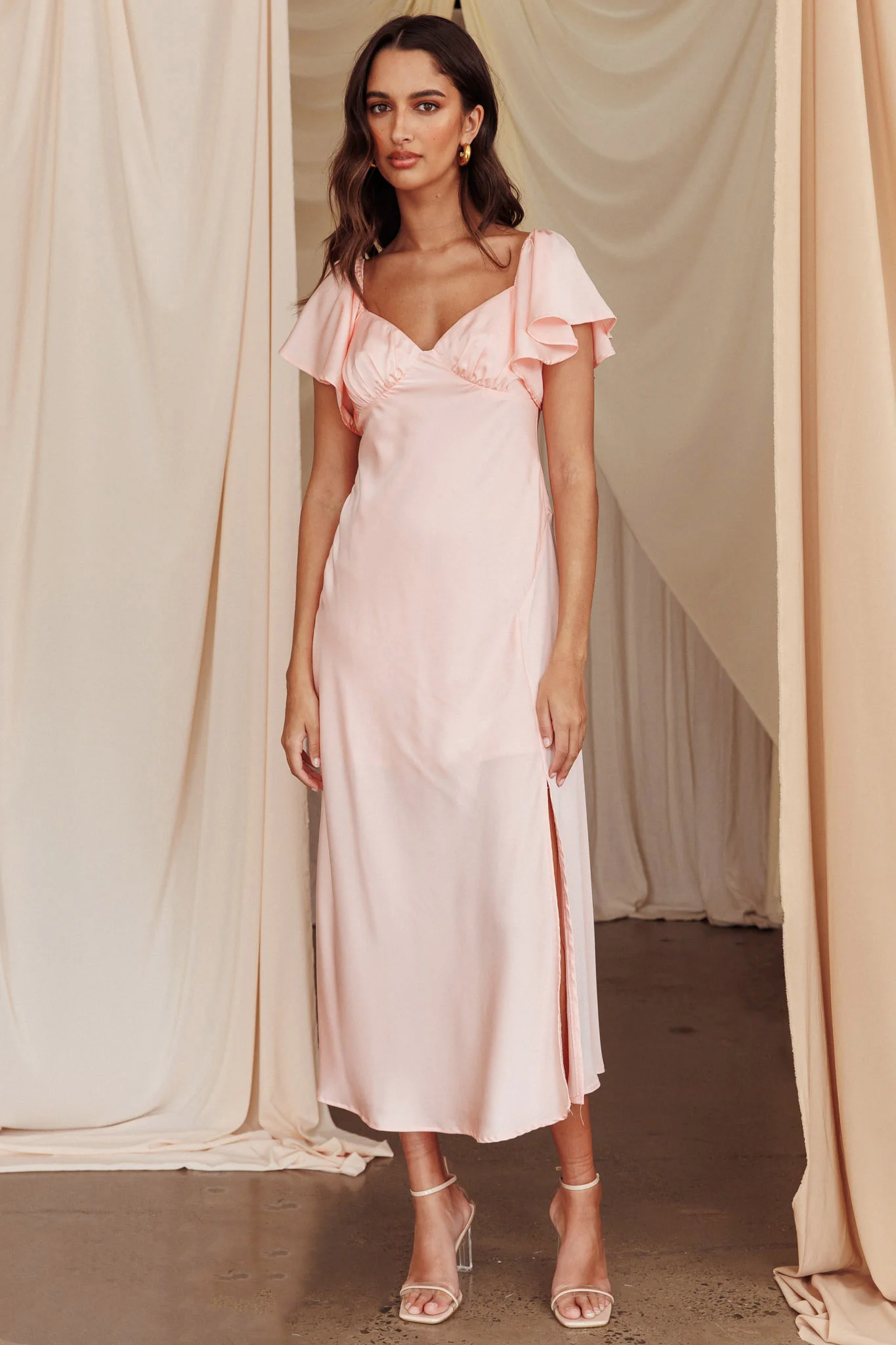 Park Avenue Flutter Sleeve Side Split Midi Dress Blush - Image 4