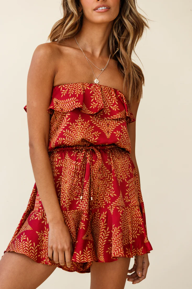 Pasadena Bandeau Tie-Back Romper Leaf Pattern Red - Image 7