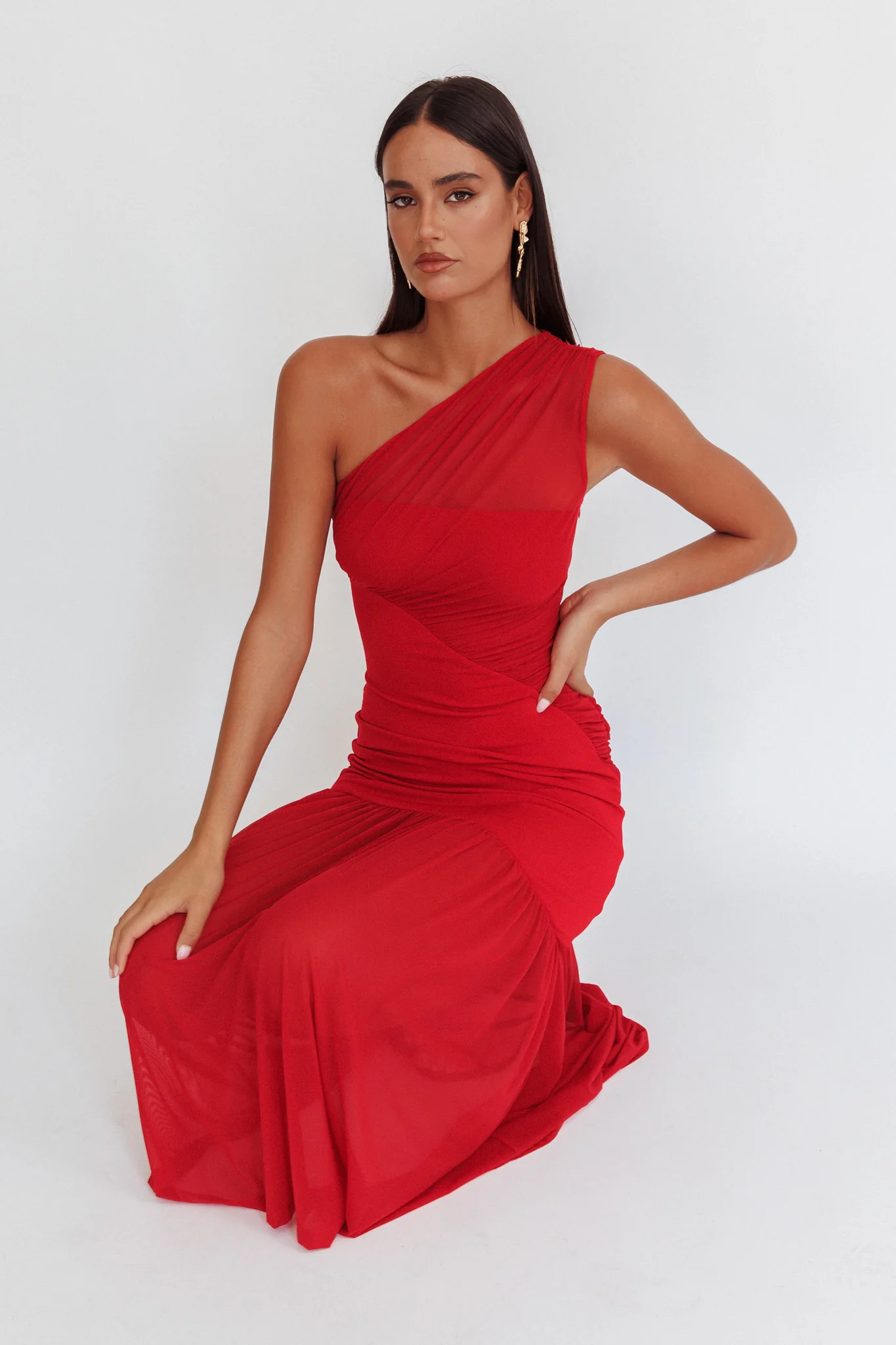 Passion One-Shoulder Mesh Maxi Dress Red - Image 2