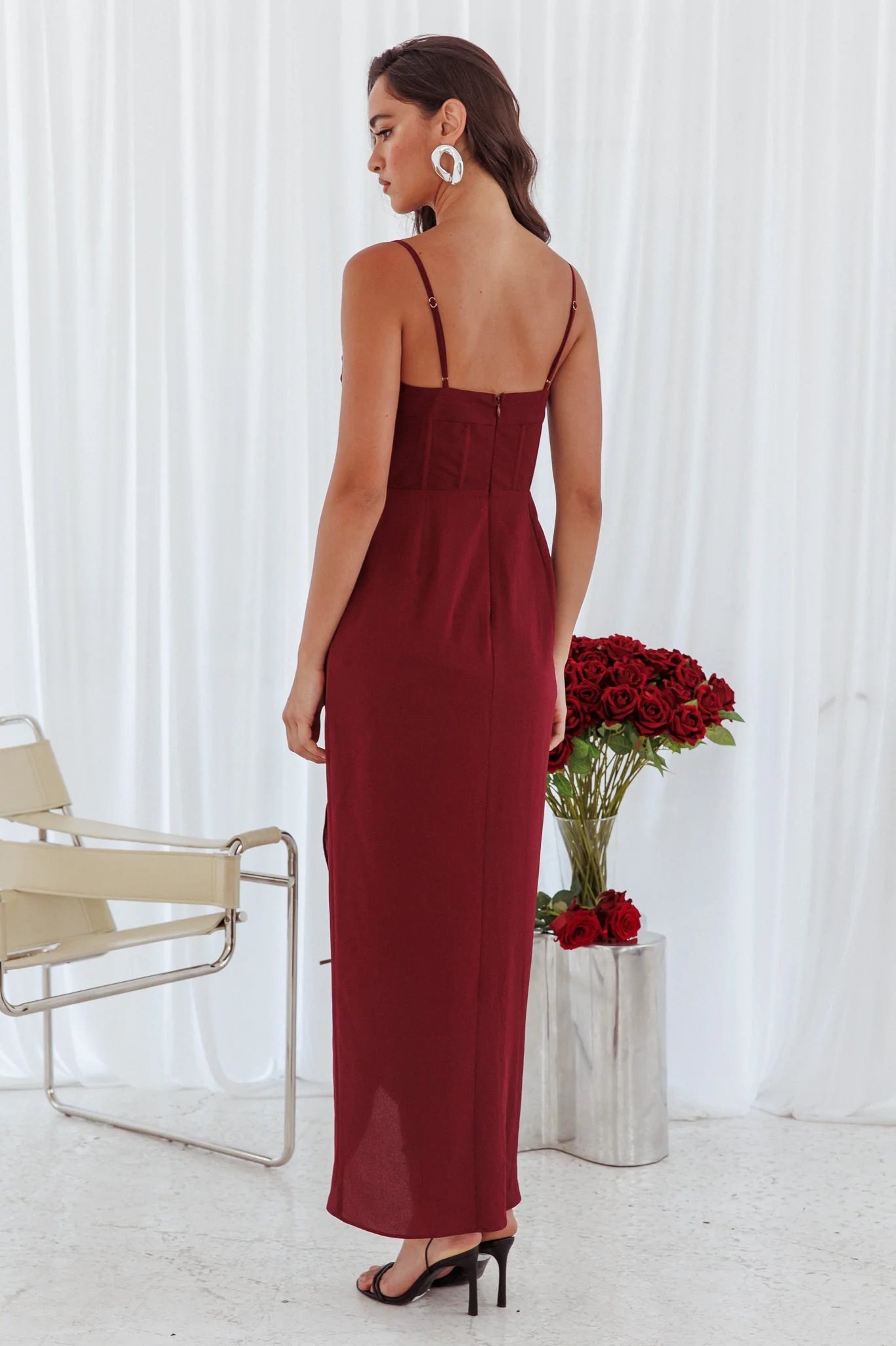 Patrice Draped Neck Split Midi Dress Wine - Image 2