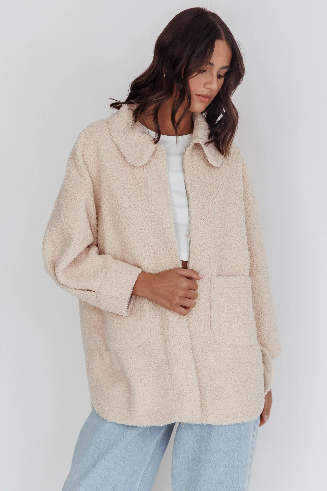 Peace & Serene Collared Sherpa Jacket Oat - Image 6