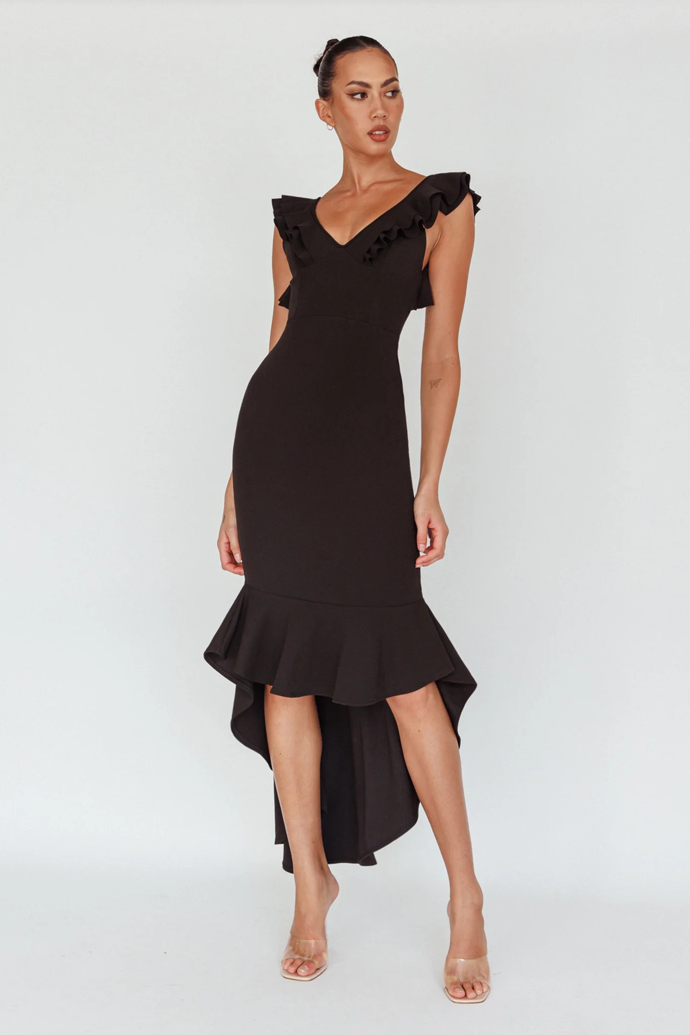 Pearl Ruffle Strap High-Low Hem Dress Black - Image 2