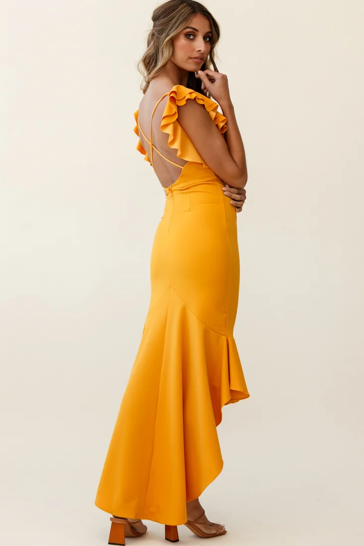 Pearl Ruffle Strap High-Low Hem Dress Mustard - Image 3