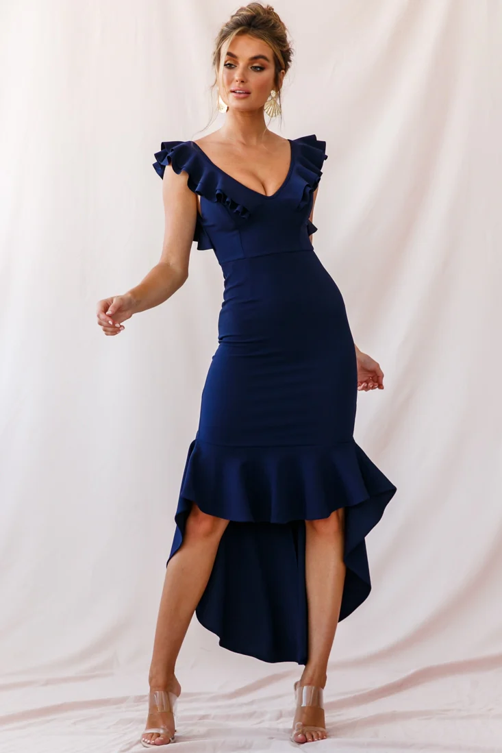 Pearl Ruffle Strap High-Low Hem Dress Navy - Image 14