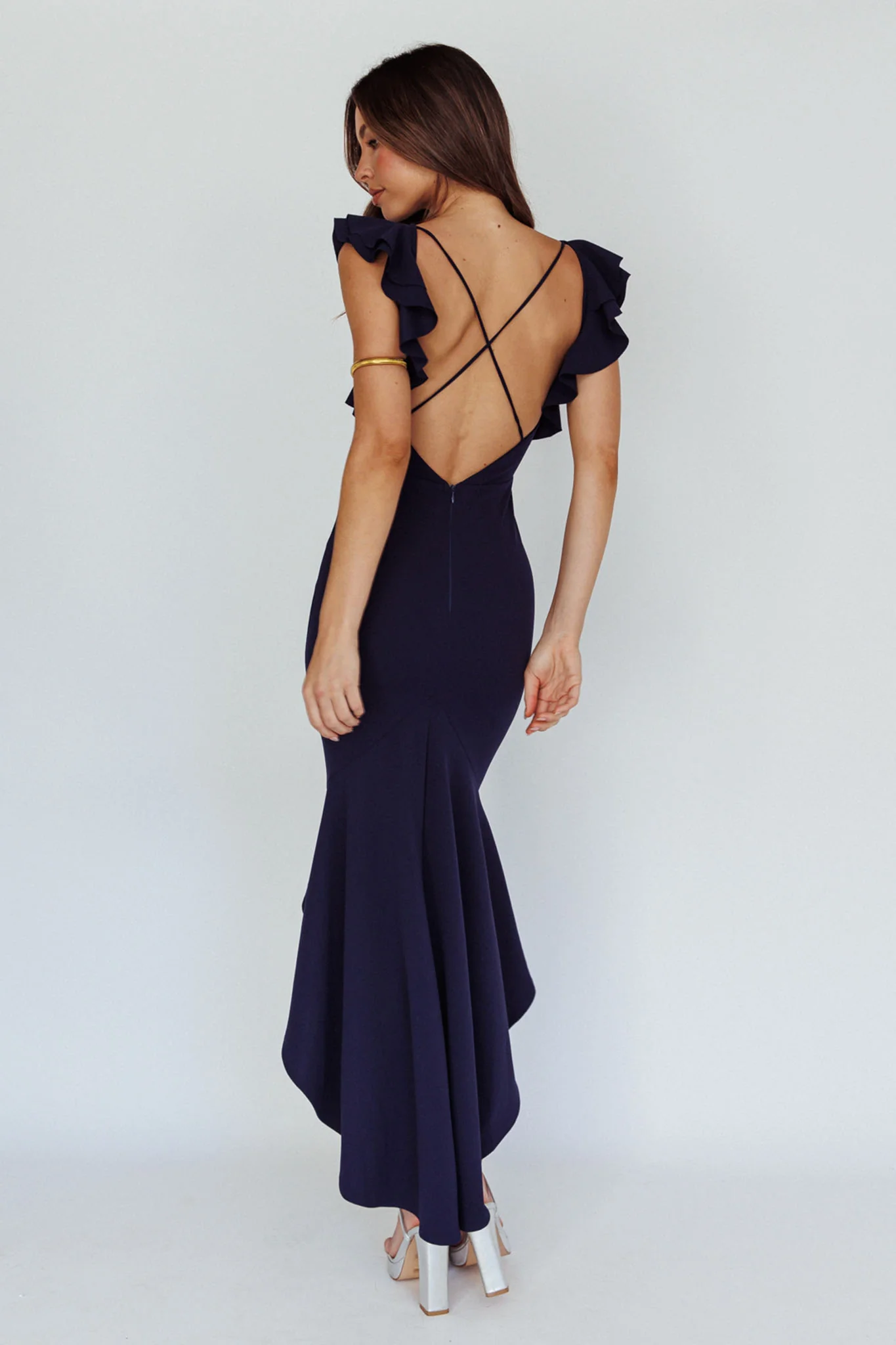 Pearl Ruffle Strap High-Low Hem Dress Navy - Image 3