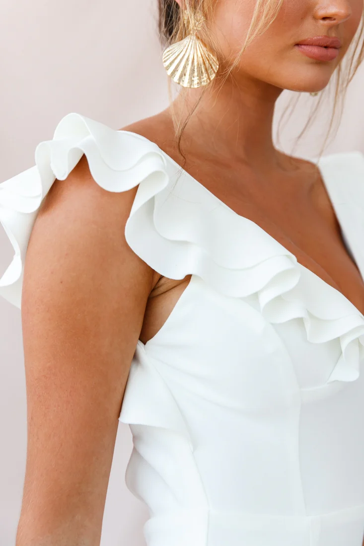 Pearl Ruffle Strap High-Low Hem Dress White - Image 5