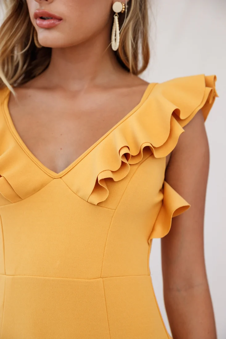 Pearl Ruffle Strap Mini Dress Mustard - Image 4