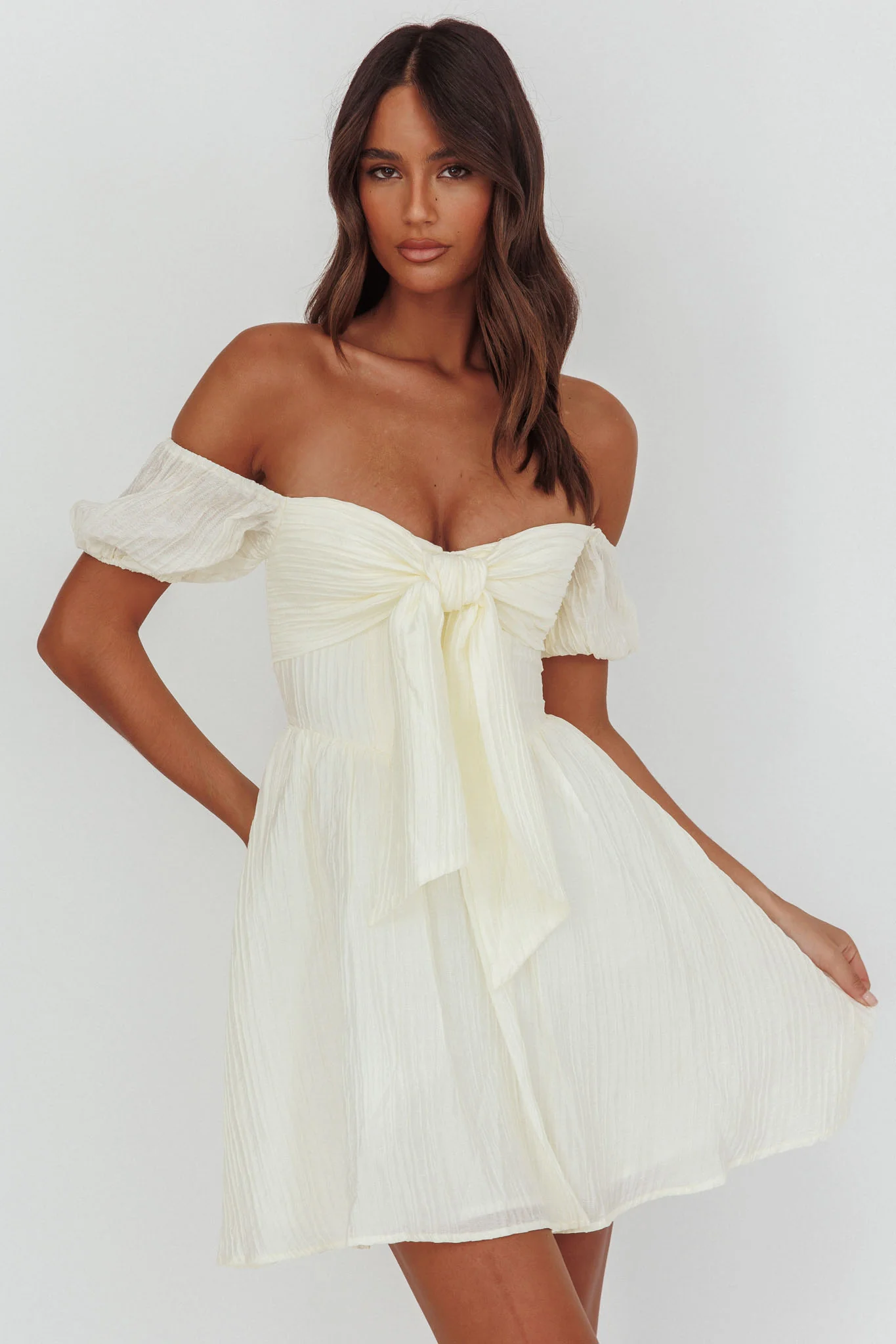 Perfect Worlds Off-Shoulder Mini Dress Textured Ivory - Image 5