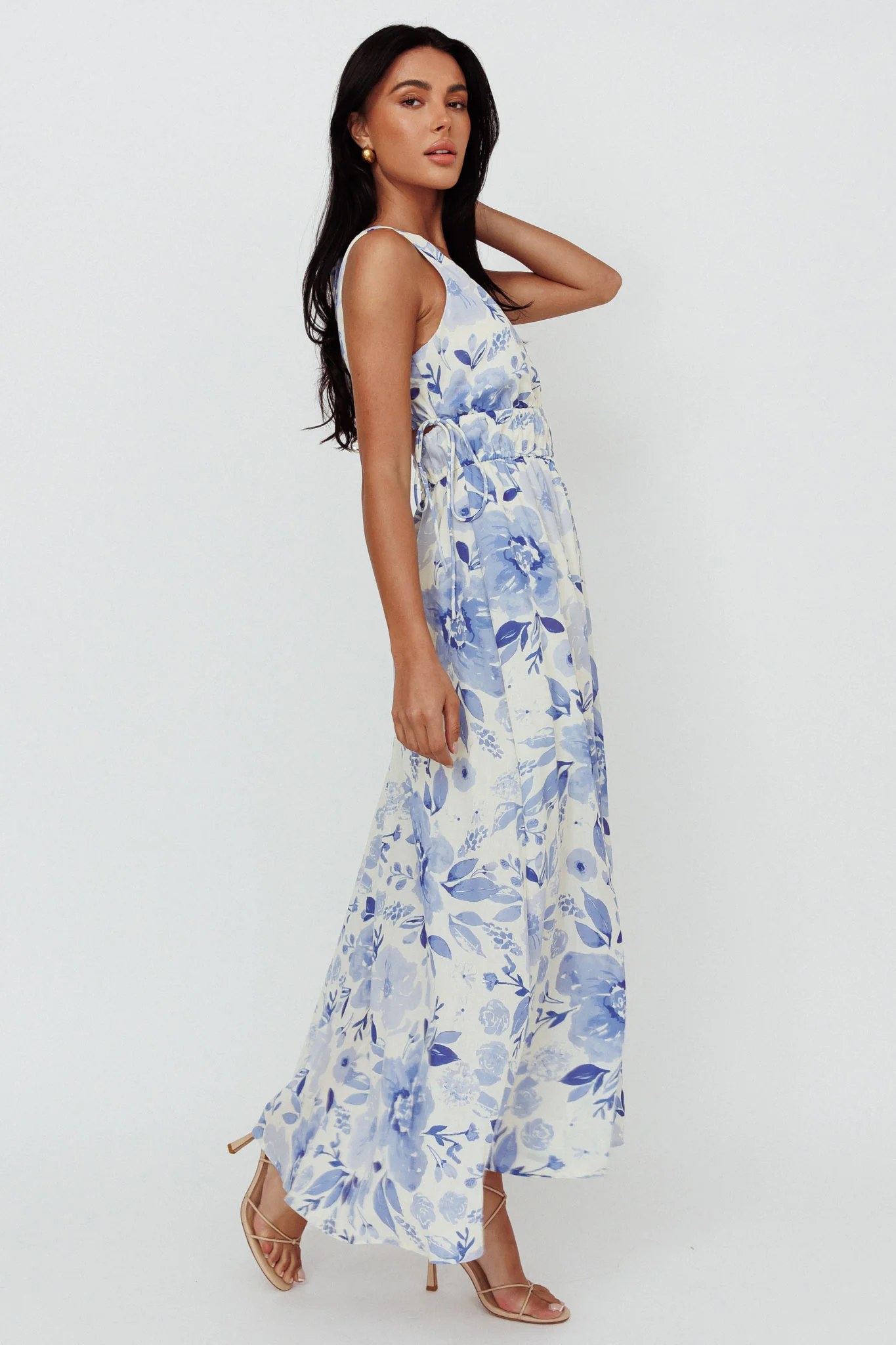 Perla V-Neck Drawstring Maxi Dress Floral Blue - Image 3