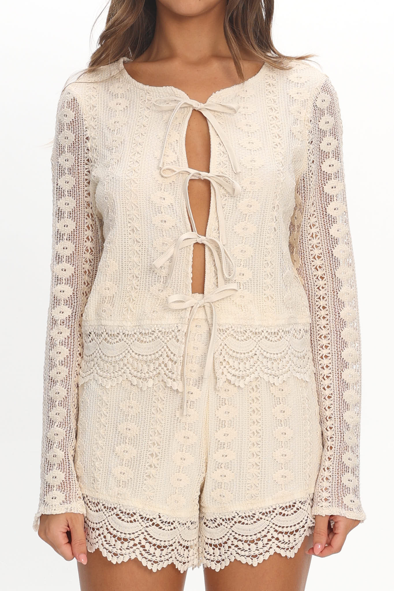Perrine Lace Tie Front Top Oat - Image 4