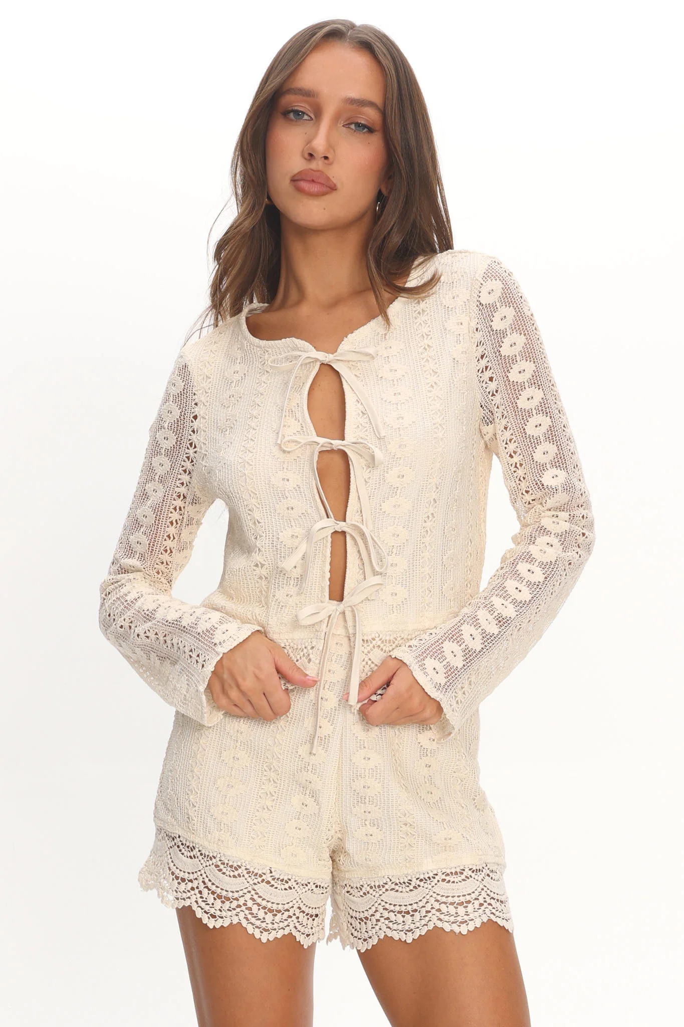 Perrine Lace Tie Front Top Oat - Image 5