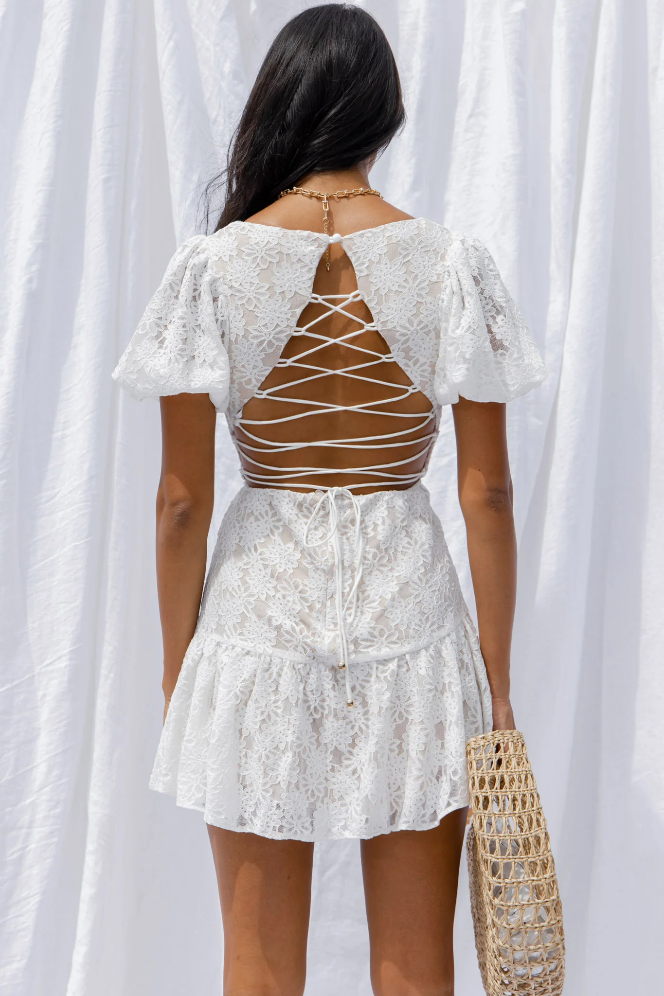 Petite Cherie Puff Sleeve Lace-Up Back Dress Lace White - Image 4