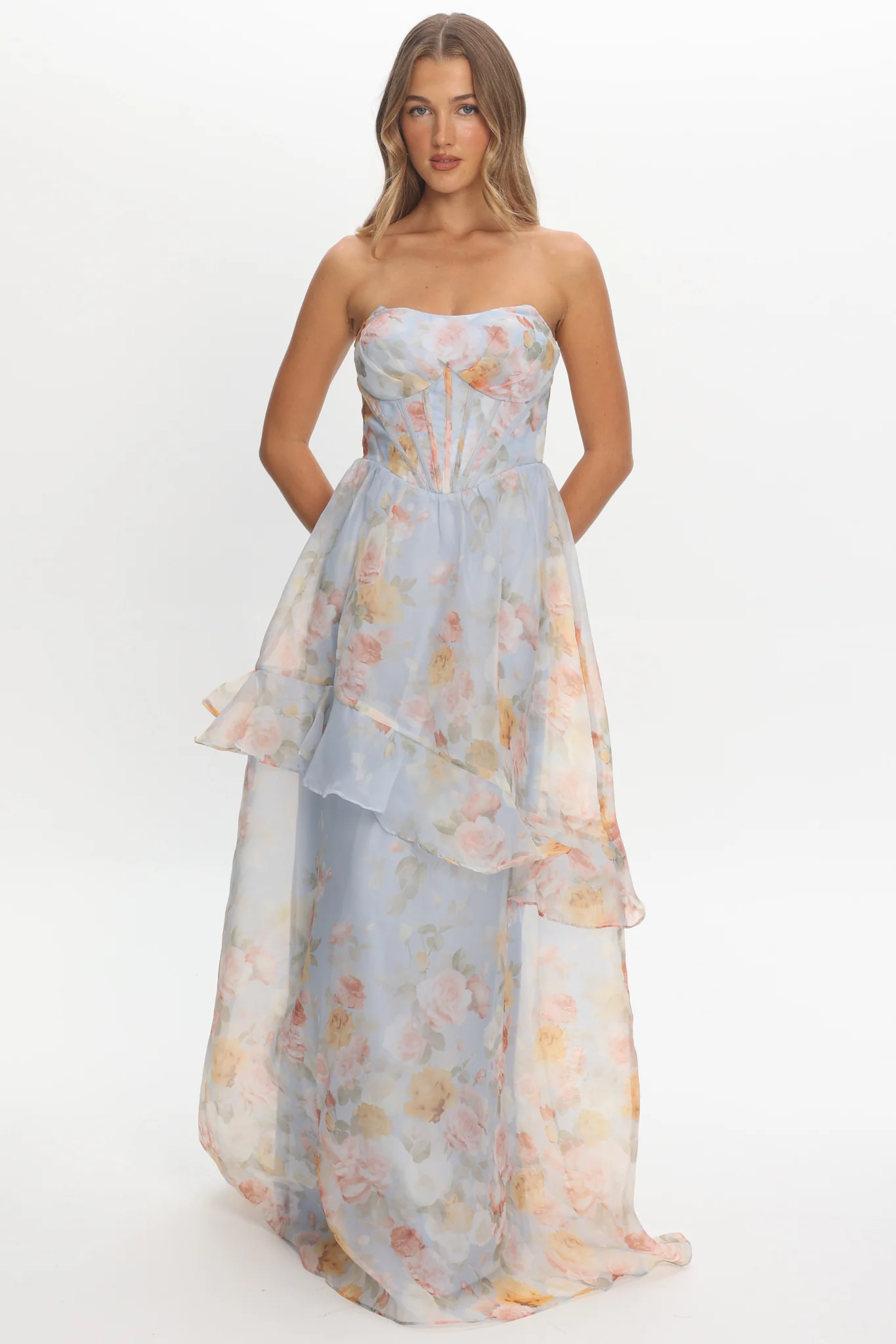 Petrice Asymmetric Layer Maxi Dress Floral Light Blue - Image 4