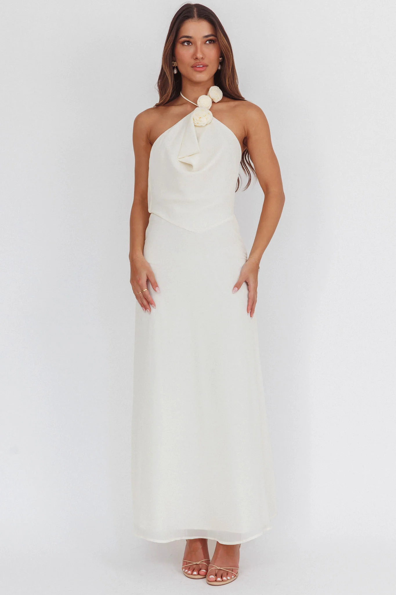 Petronilla Rosette Halterneck Maxi Dress Eggshell - Image 5