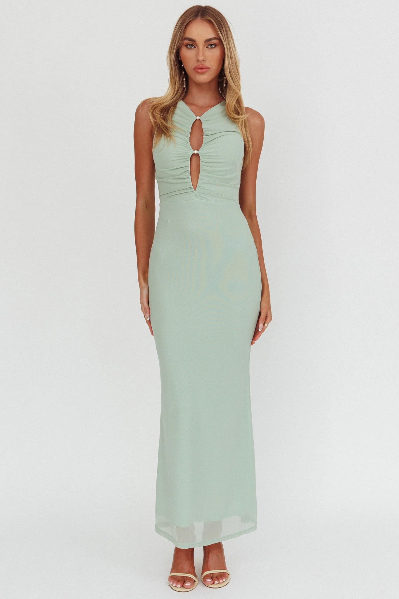 Piece Of Heaven Sleeveless Keyhole Mesh Maxi Dress Sage - Image 5