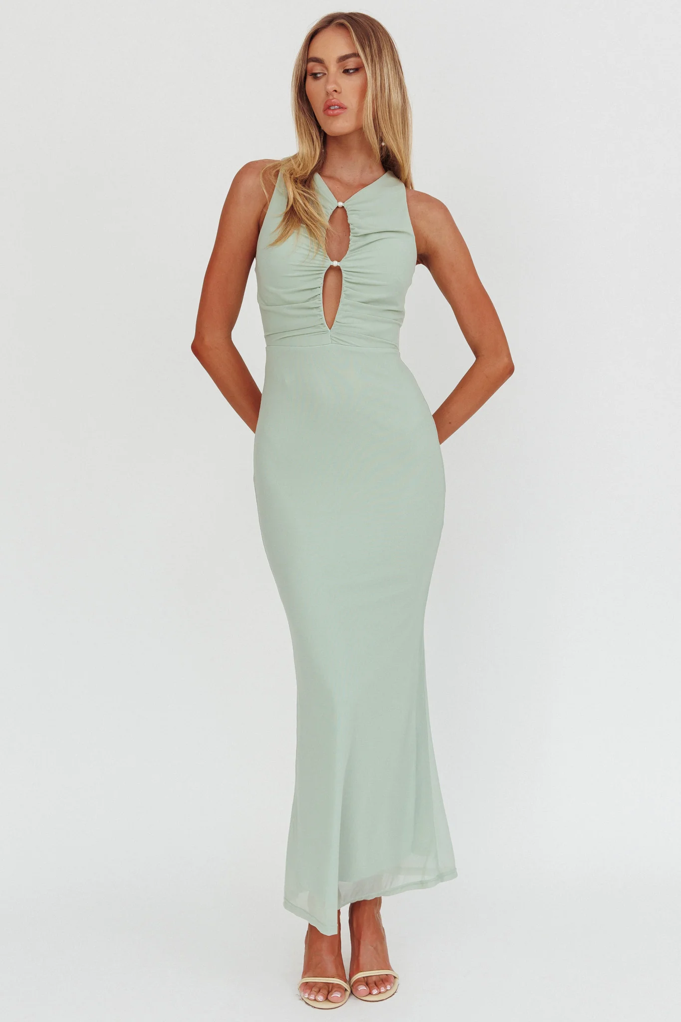 Piece Of Heaven Sleeveless Keyhole Mesh Maxi Dress Sage - Image 6