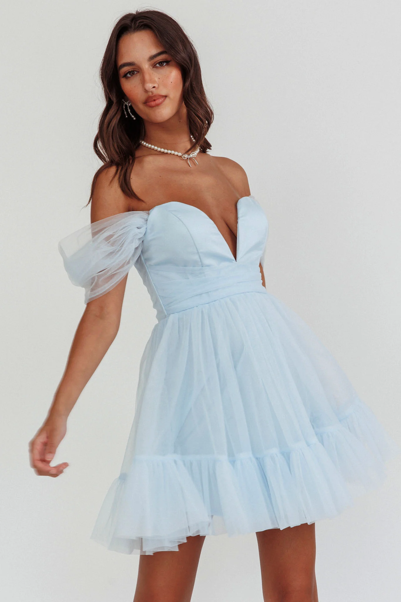 Pixi Off-Shoulder Lace-Up Back Dress Baby Blue - Image 6