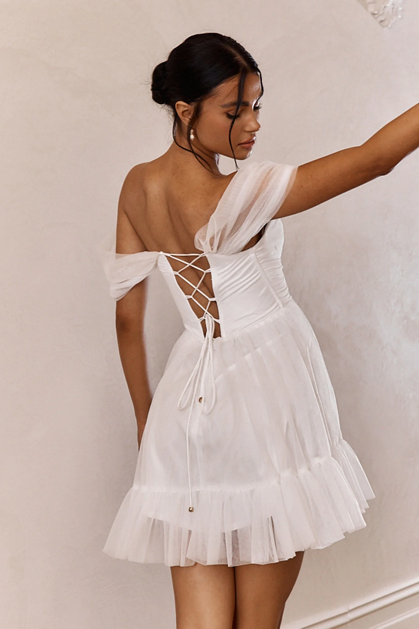 Pixi Off-Shoulder Lace-Up Back Mini Dress White - Image 3