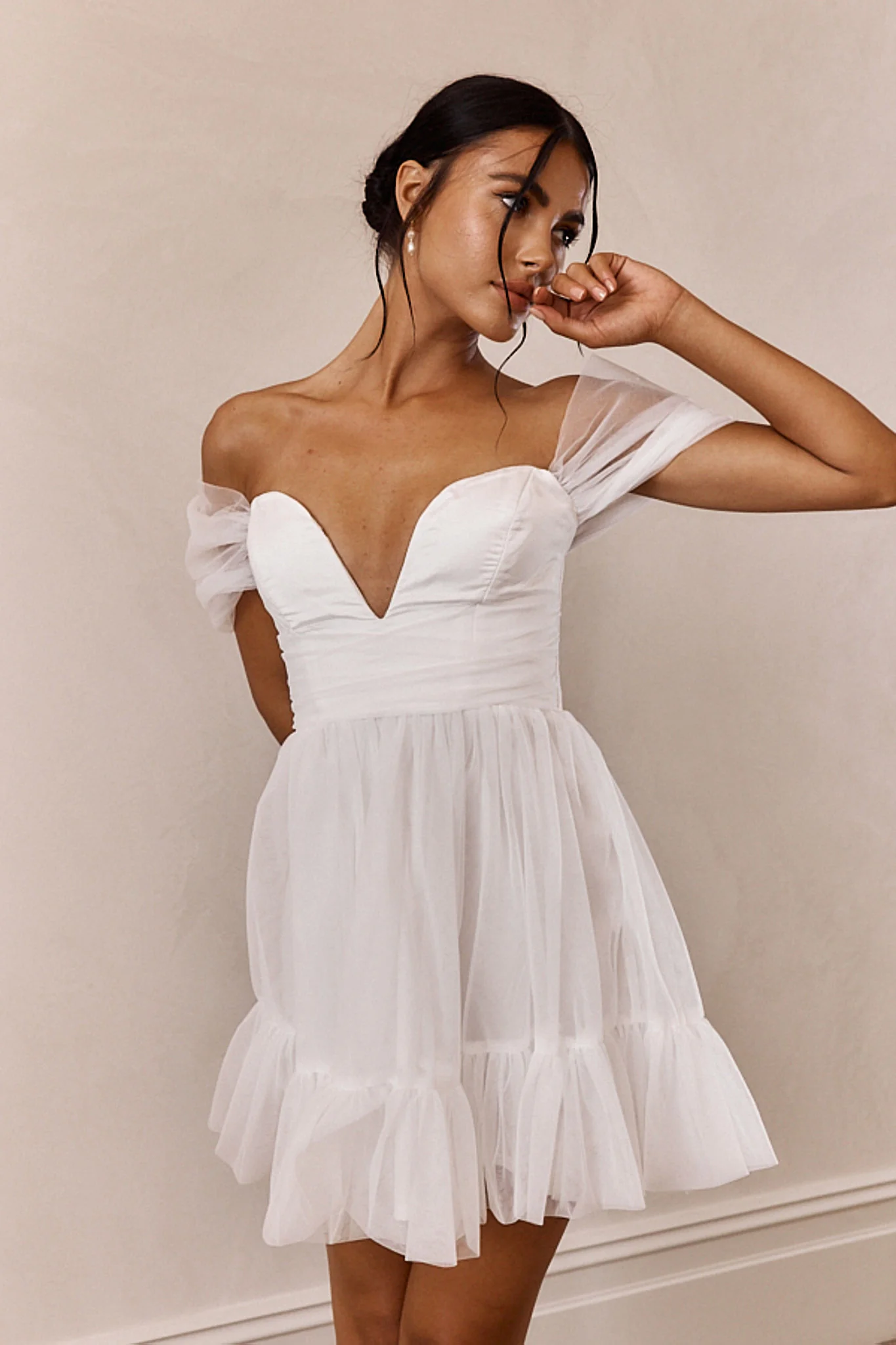 Pixi Off-Shoulder Lace-Up Back Mini Dress White - Image 8