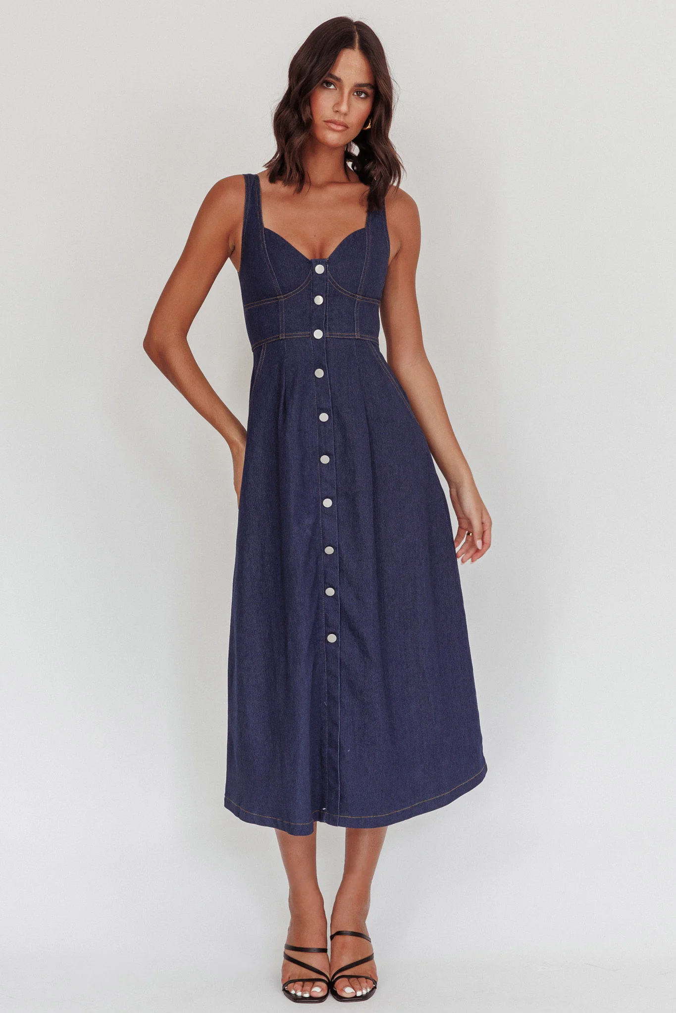 Pixie Dust Button Front Midi Dress Dark Denim - Image 3