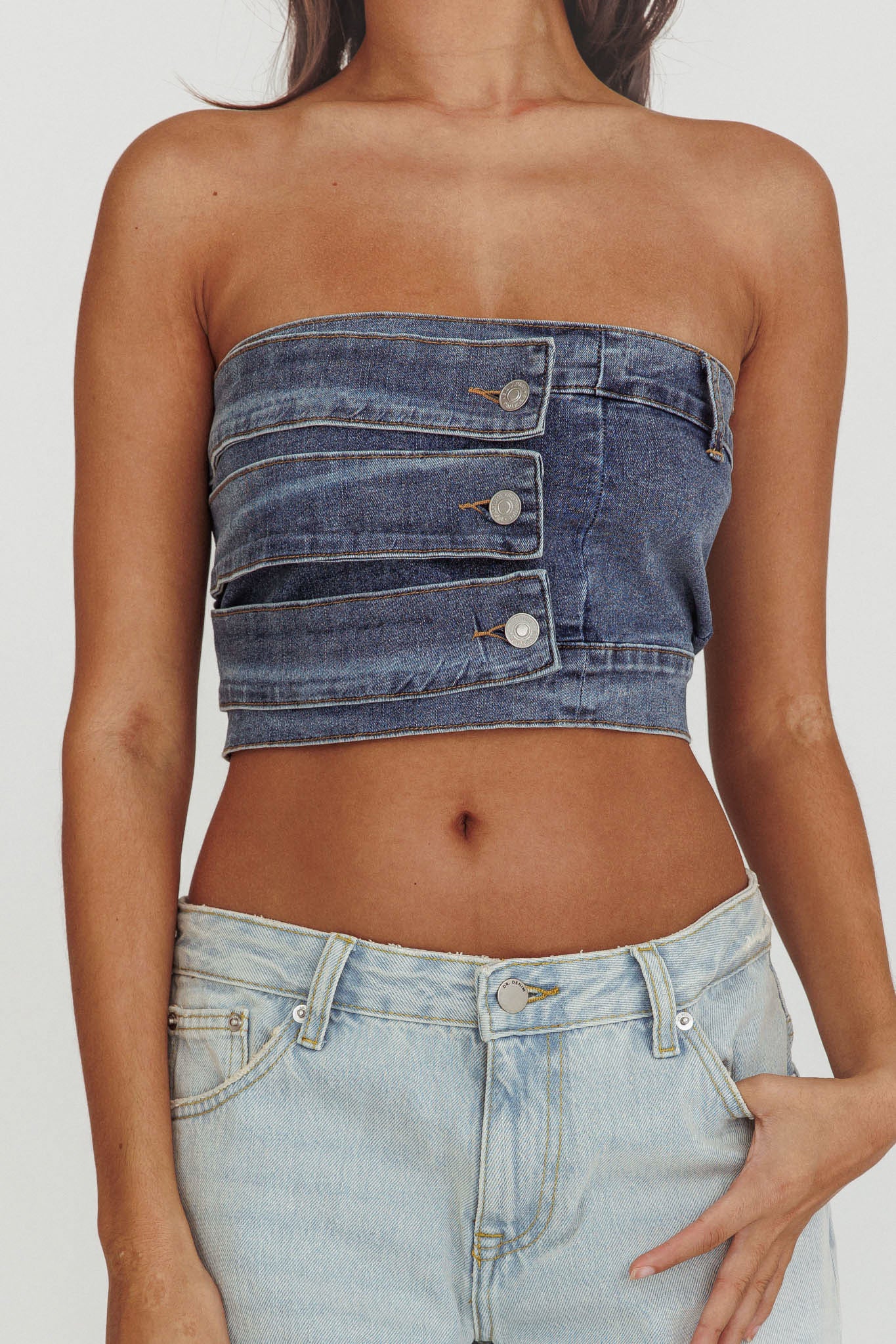 Pop Fizz Strapless Denim Cropped Top Medium Blue - Image 4