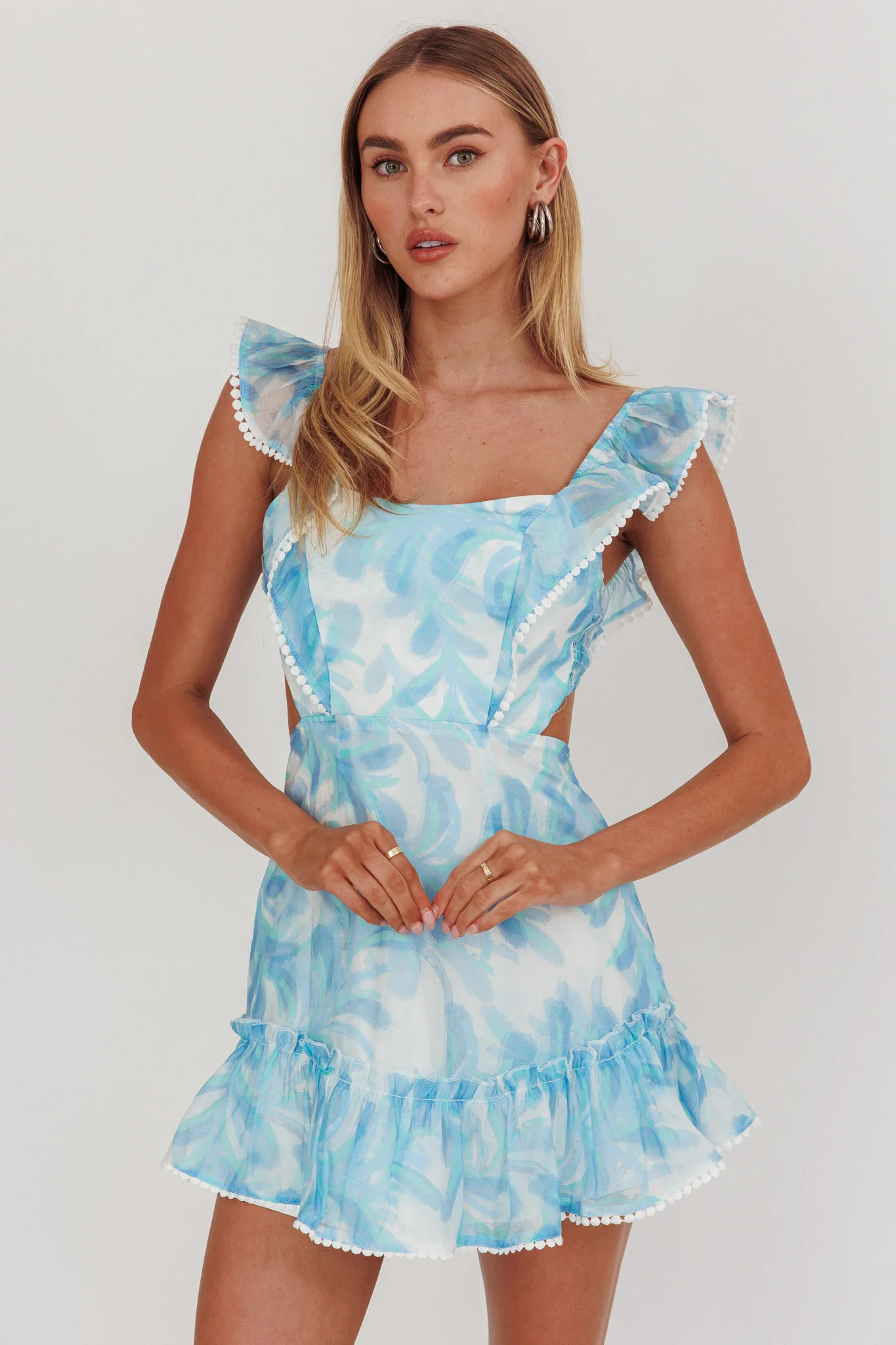 Porcia Tied Back Frill Dress Leaves Blues - Image 5