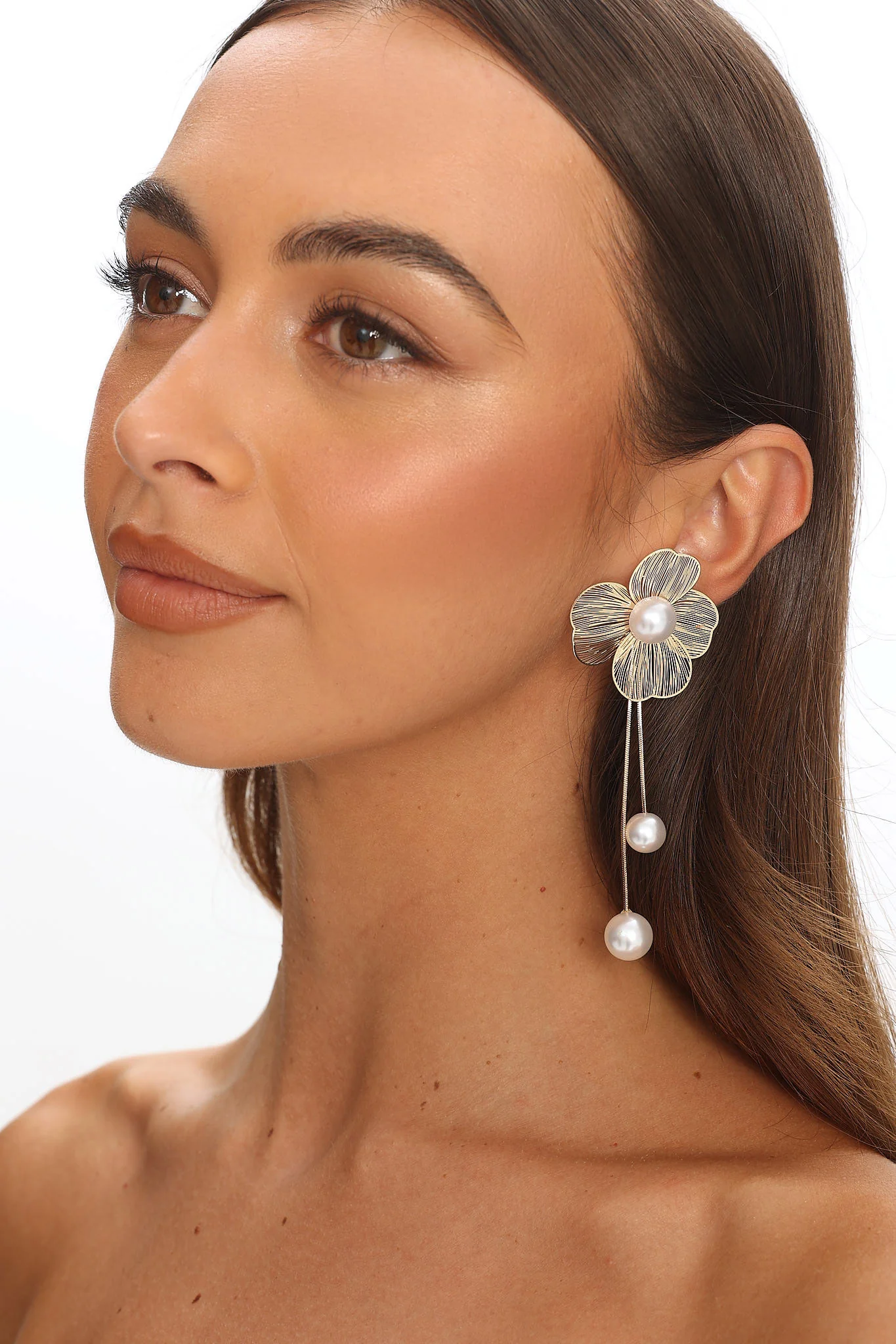 Posey Flower Pearl Drop Earrings Gold - Image 2