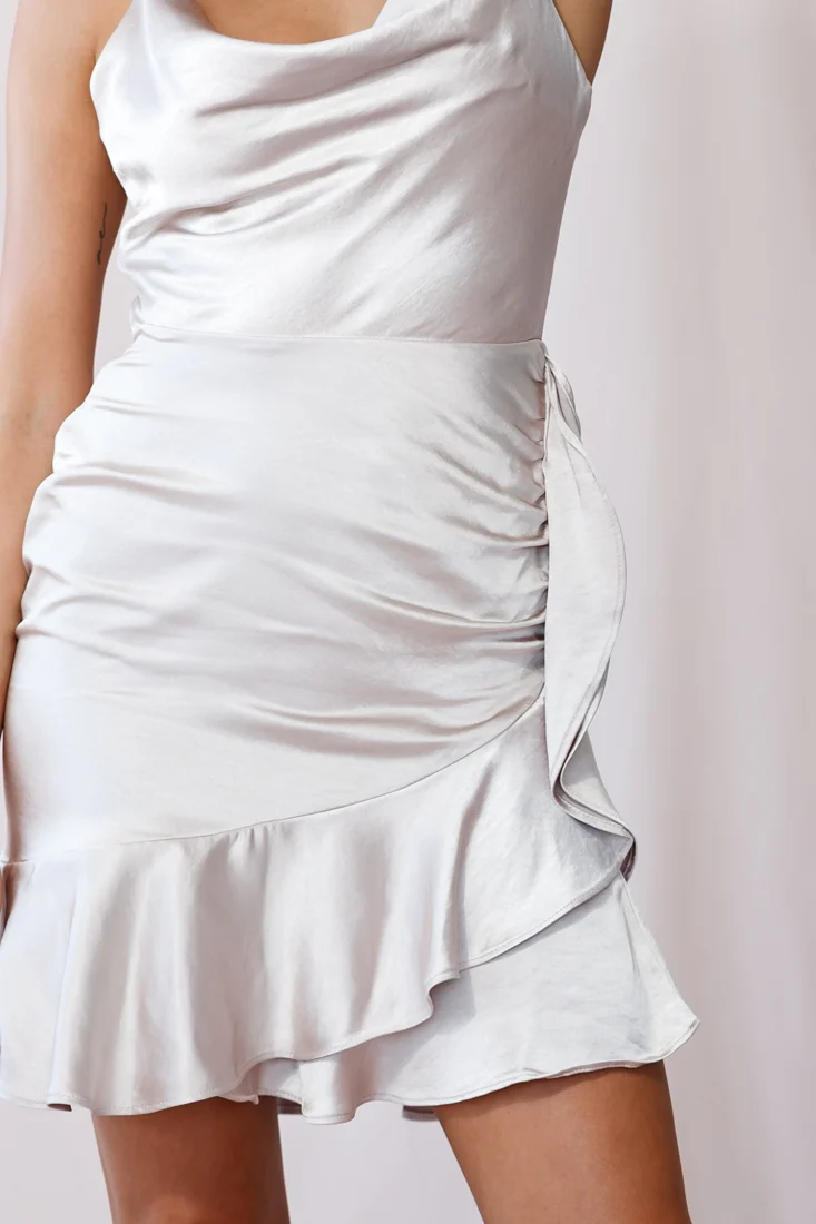 Positano Satin Cowl Neck Ruffle Hem Dress Champagne - Image 4