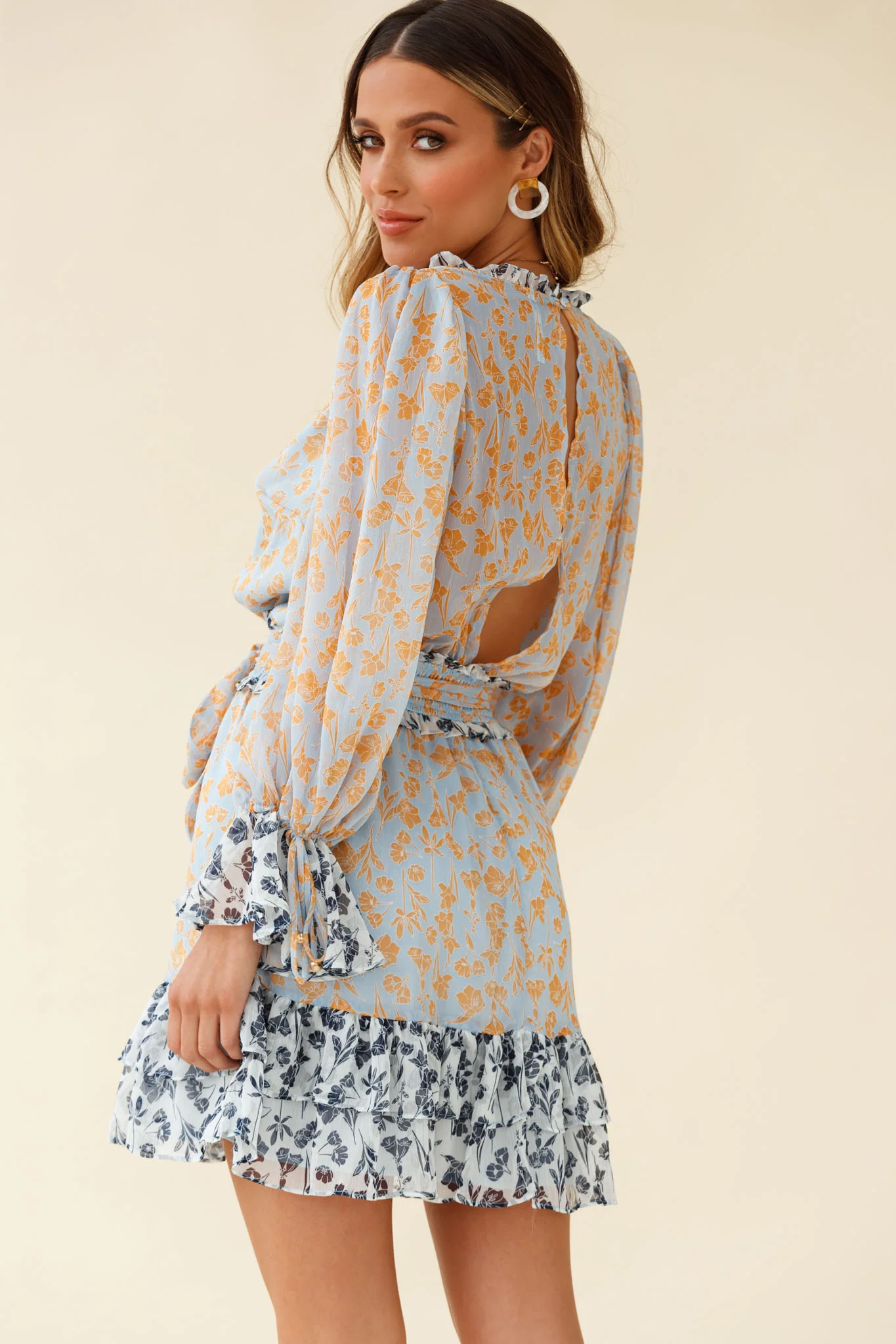 Prague Long Sleeve Ruffle Hem Dress Floral Print Blue/Orange Multi - Image 2