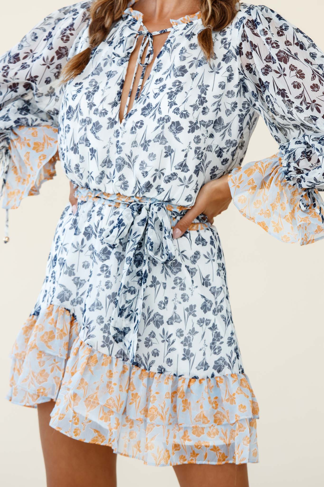 Prague Long Sleeve Ruffle Hem Dress Floral Print Navy/White Multi - Image 7
