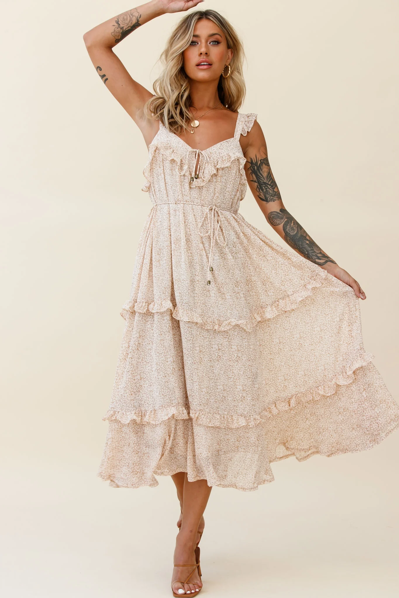 Priscilla Frill Detail Maxi Dress Floral Print Beige - Image 2
