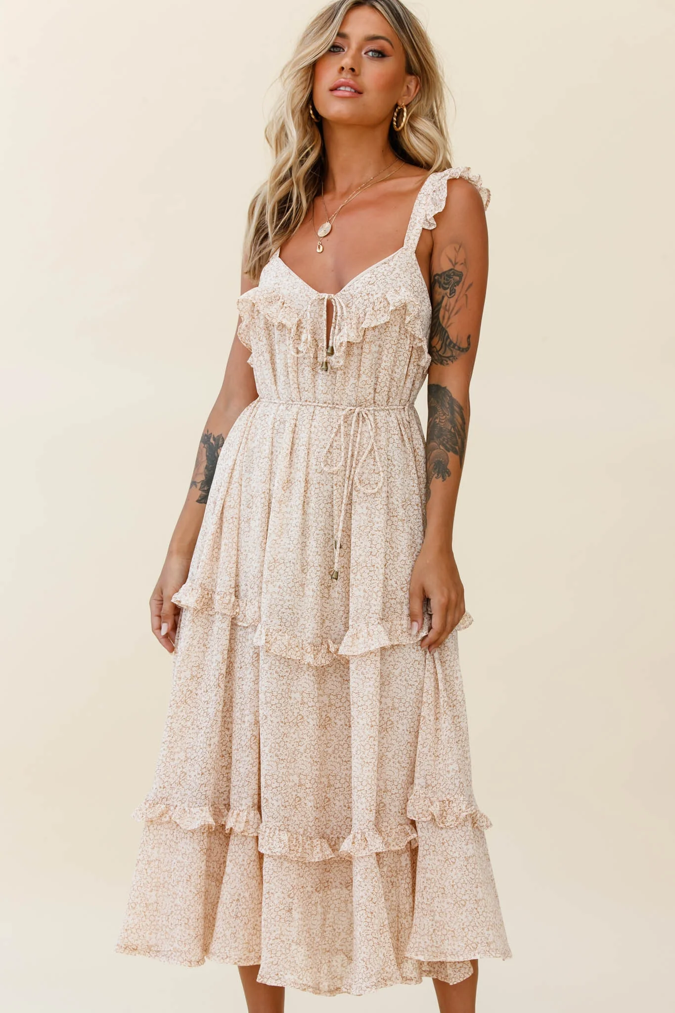 Priscilla Frill Detail Maxi Dress Floral Print Beige - Image 4