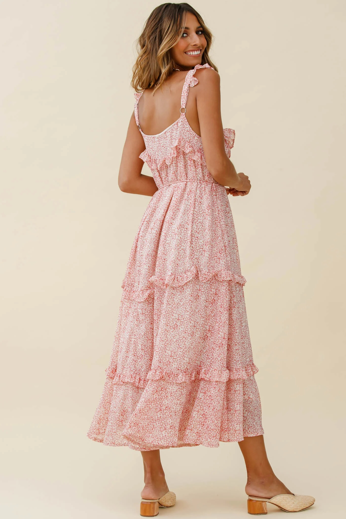 Priscilla Tied Bust Frill Detail Maxi Dress Floral Print Red - Image 2
