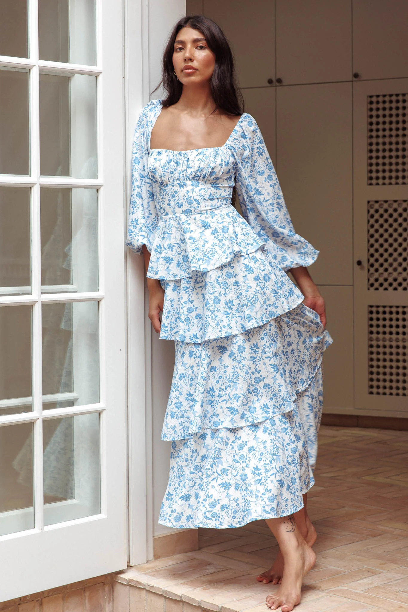 Provence Bloom Long Sleeve Maxi Dress Floral Blue - Image 5