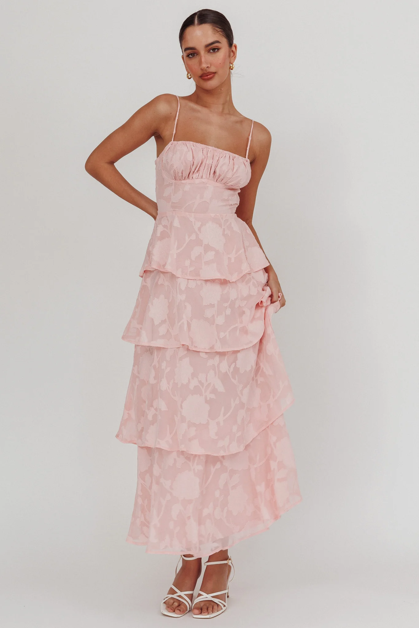 Provence Bloom Tiered Maxi Dress Jacquard Pink - Image 5