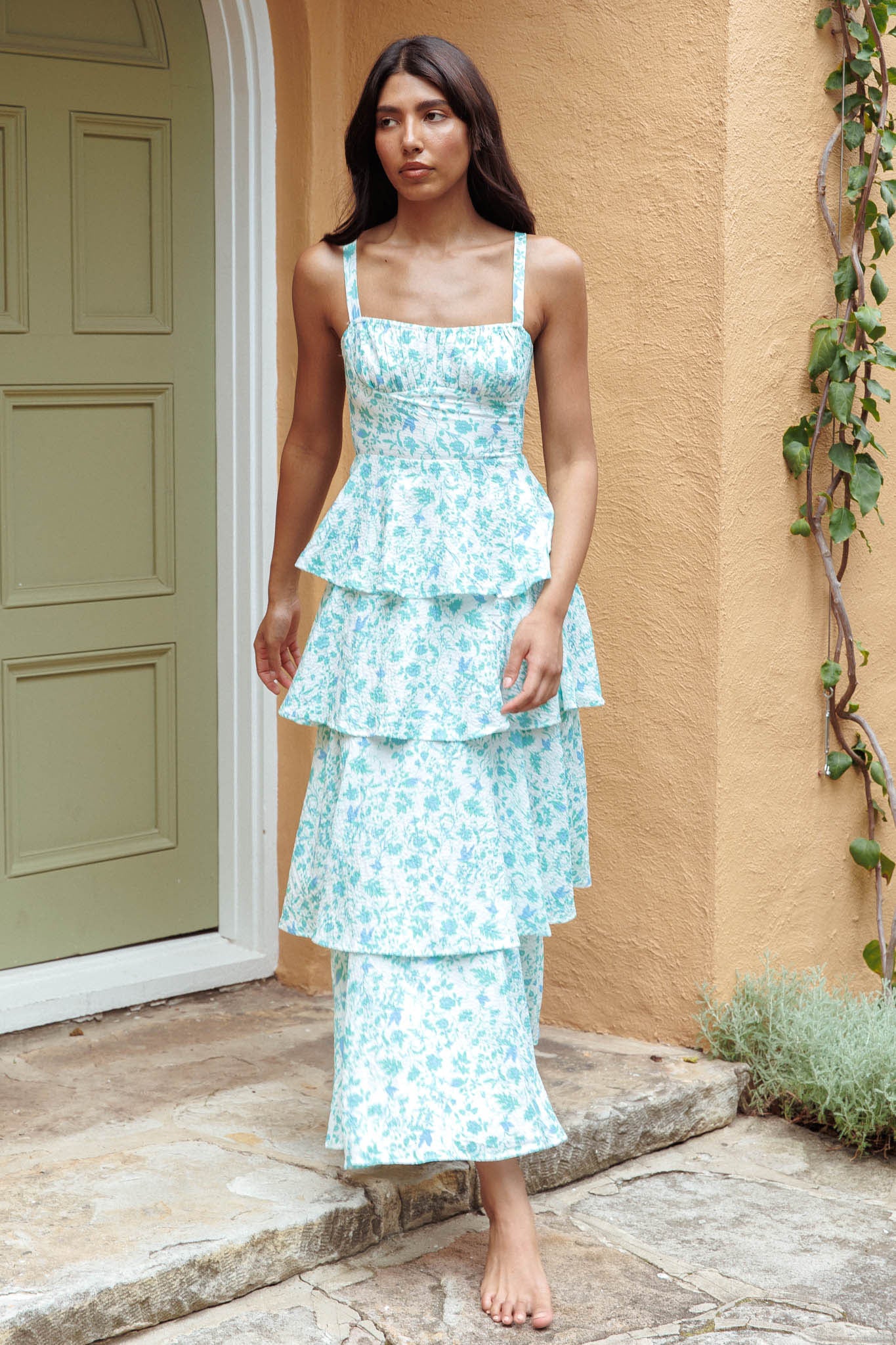 Provence Bloom Tiered Midi Dress Floral Green - Image 6