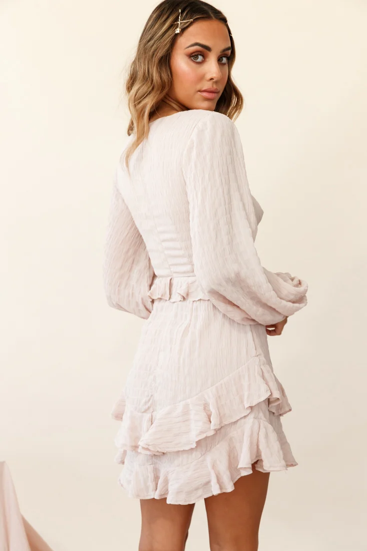 Queenie Long Balloon Sleeve Ruffle Trim Dress Beige - Image 3
