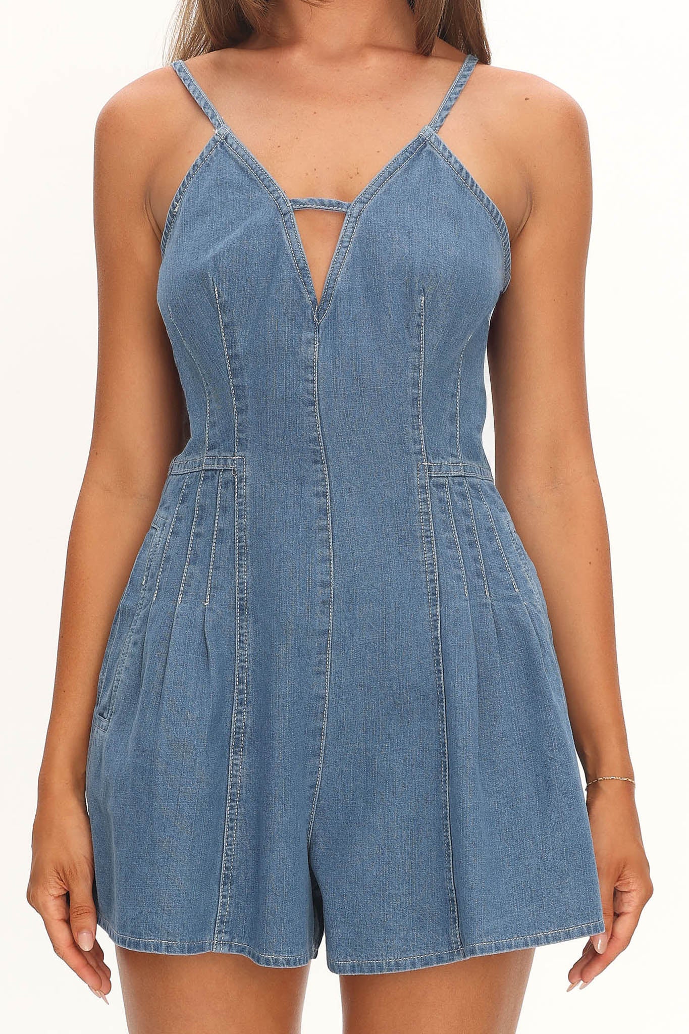 Quira Pintuck Pleat Mini Romper Denim Blue - Image 4