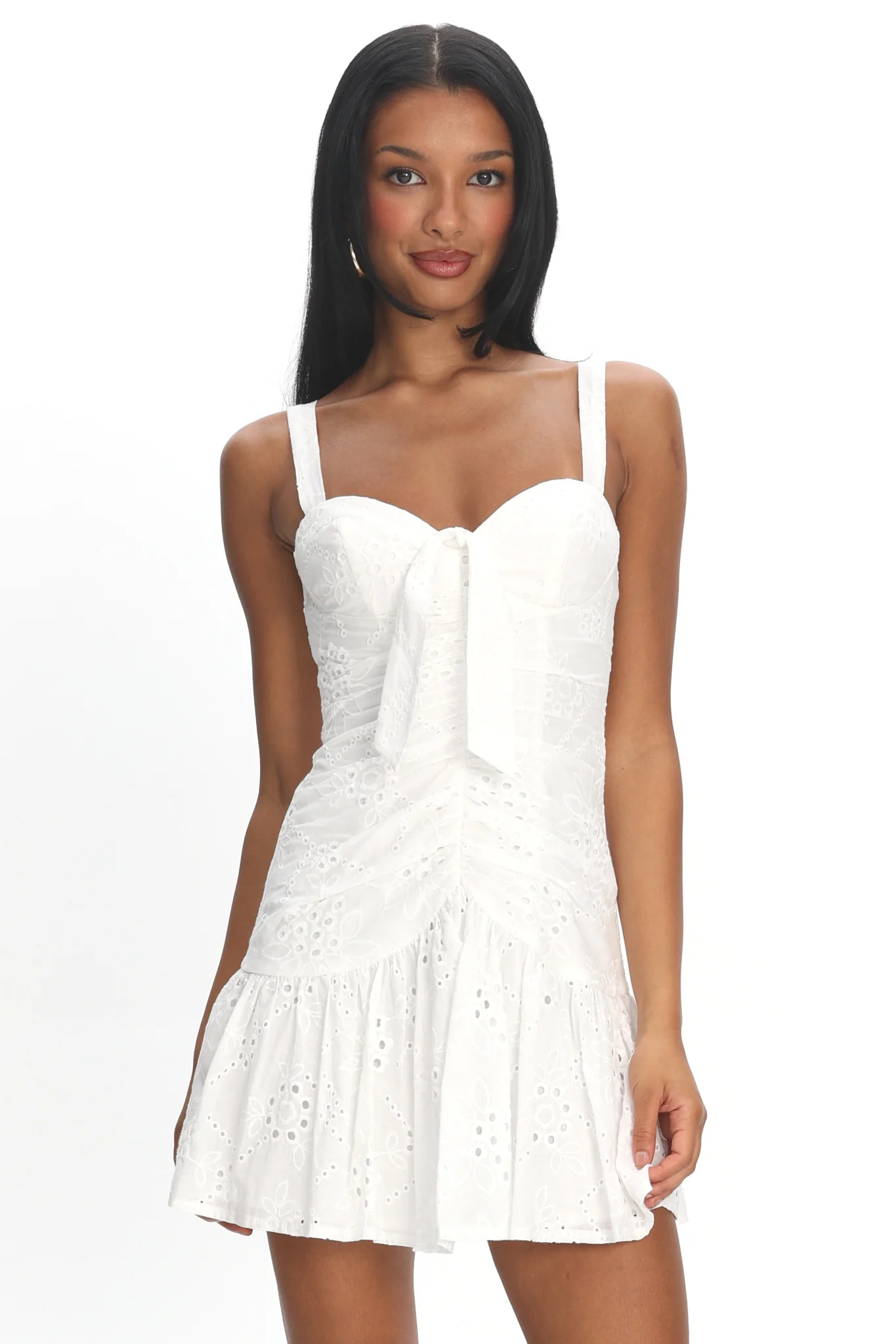 Rachelle Tied Bust Ruched Mini Dress Eyelet White - Image 5
