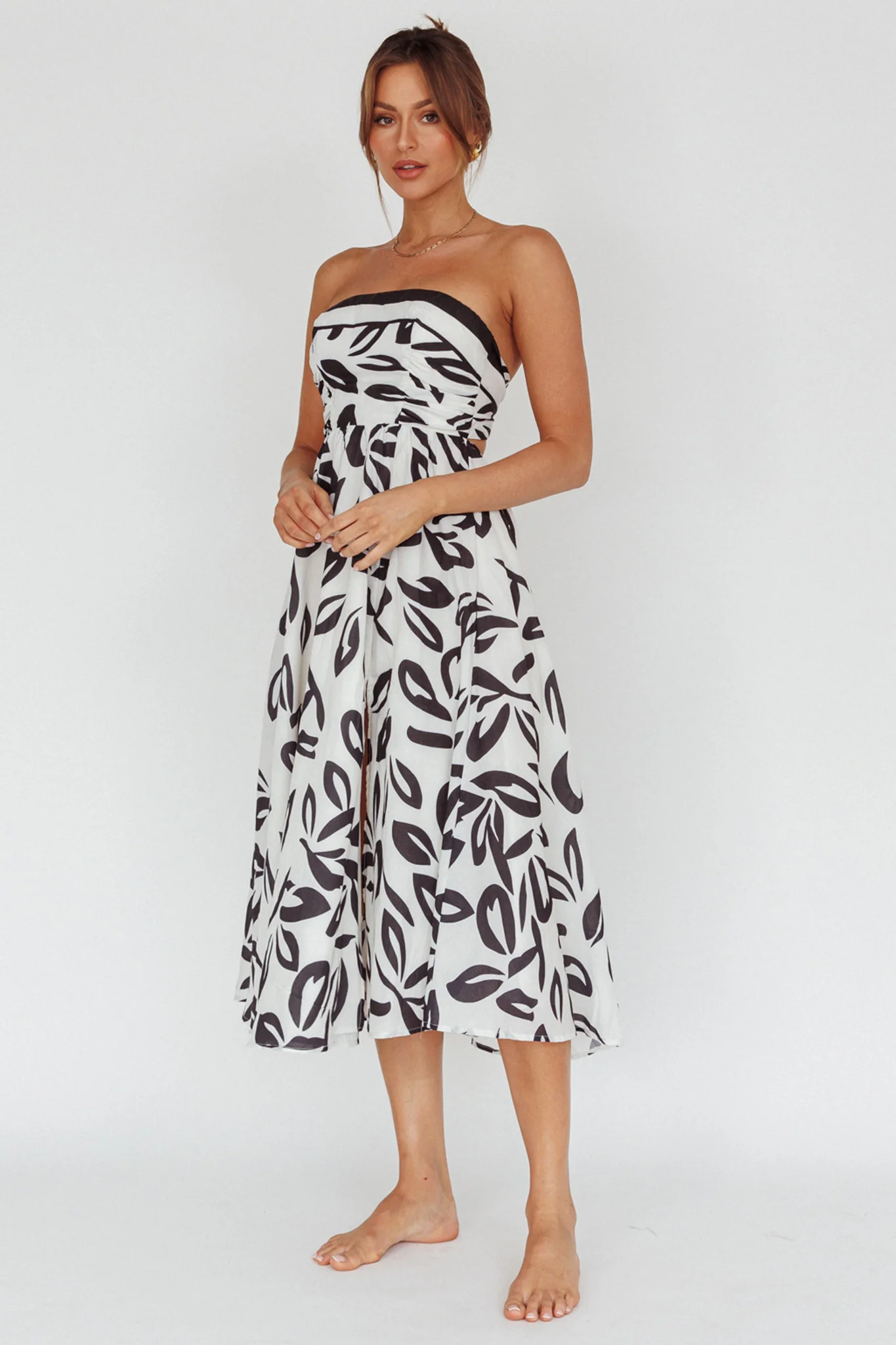 Randi Tie-Back Maxi Dress Leaf Print Beige - Image 5