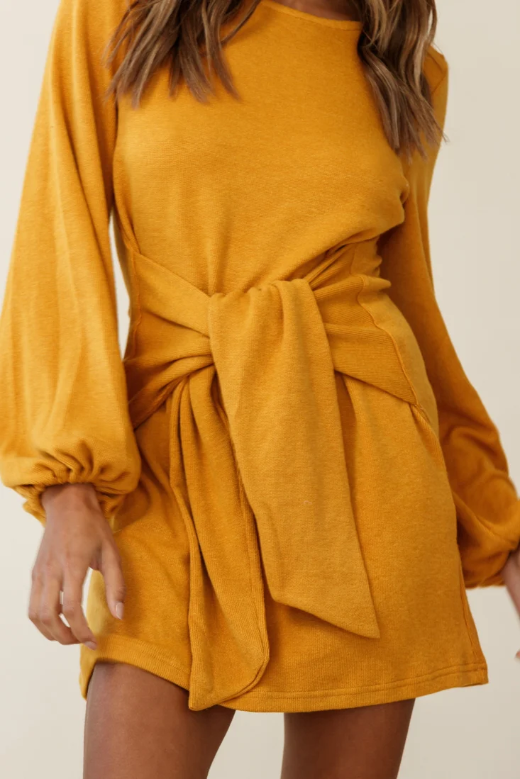 Rapt Waist Tie Knit Dress Mustard - Image 6